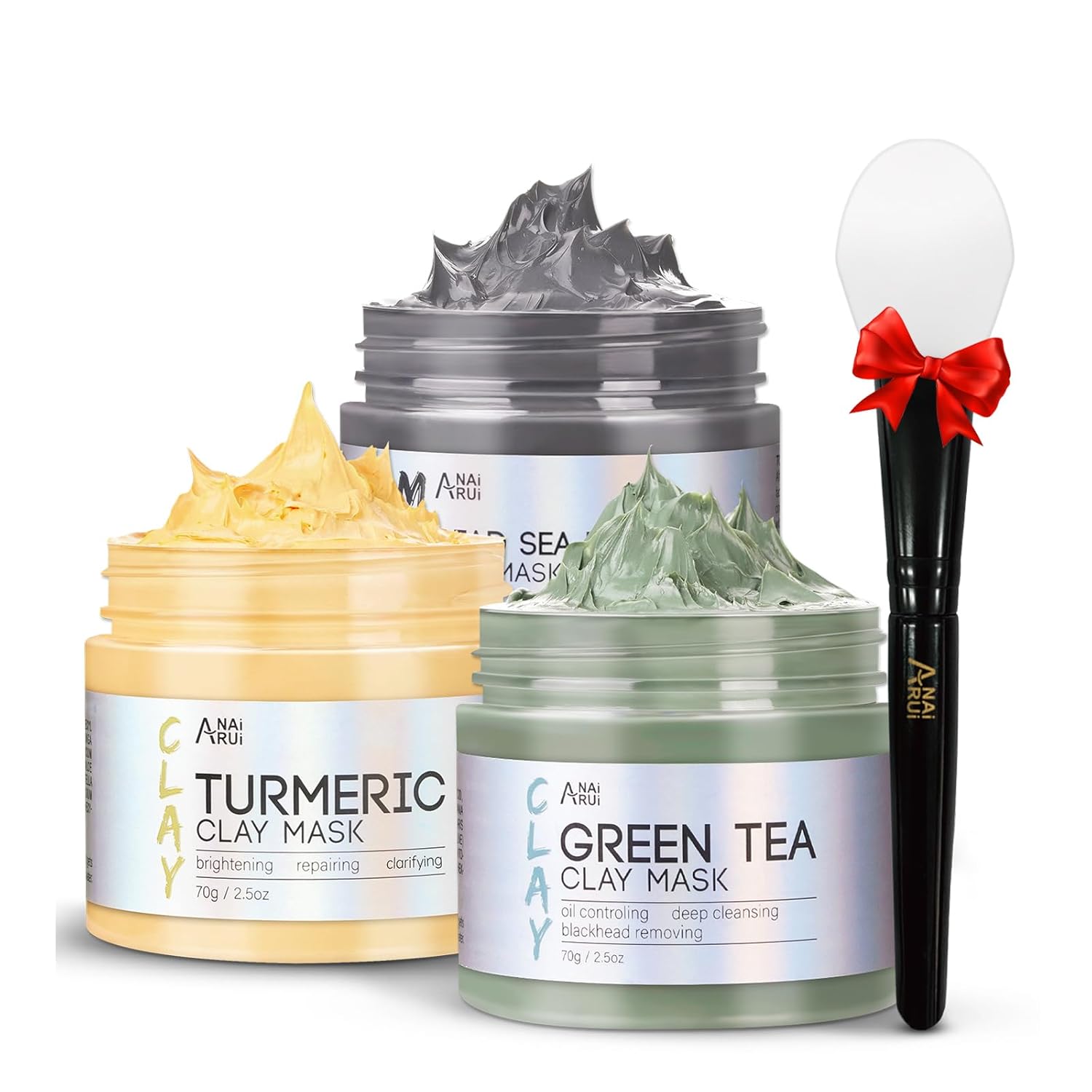 ANAI RUI Turmeric Clay Mask - Green Tea Clay Mask - Dead Sea Minerals Mud Mask, Spa Facial Mask Set, Face Mask Gift Set 2.5 oz each