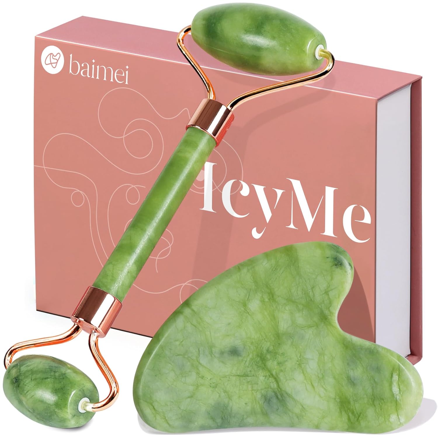 BAIMEI IcyMe Gua Sha  Jade Roller Facial Tools Face Roller and Gua Sha Set for Puffiness and Redness Reducing Skin Care Routine, Self Care Gift for Men Women - Green