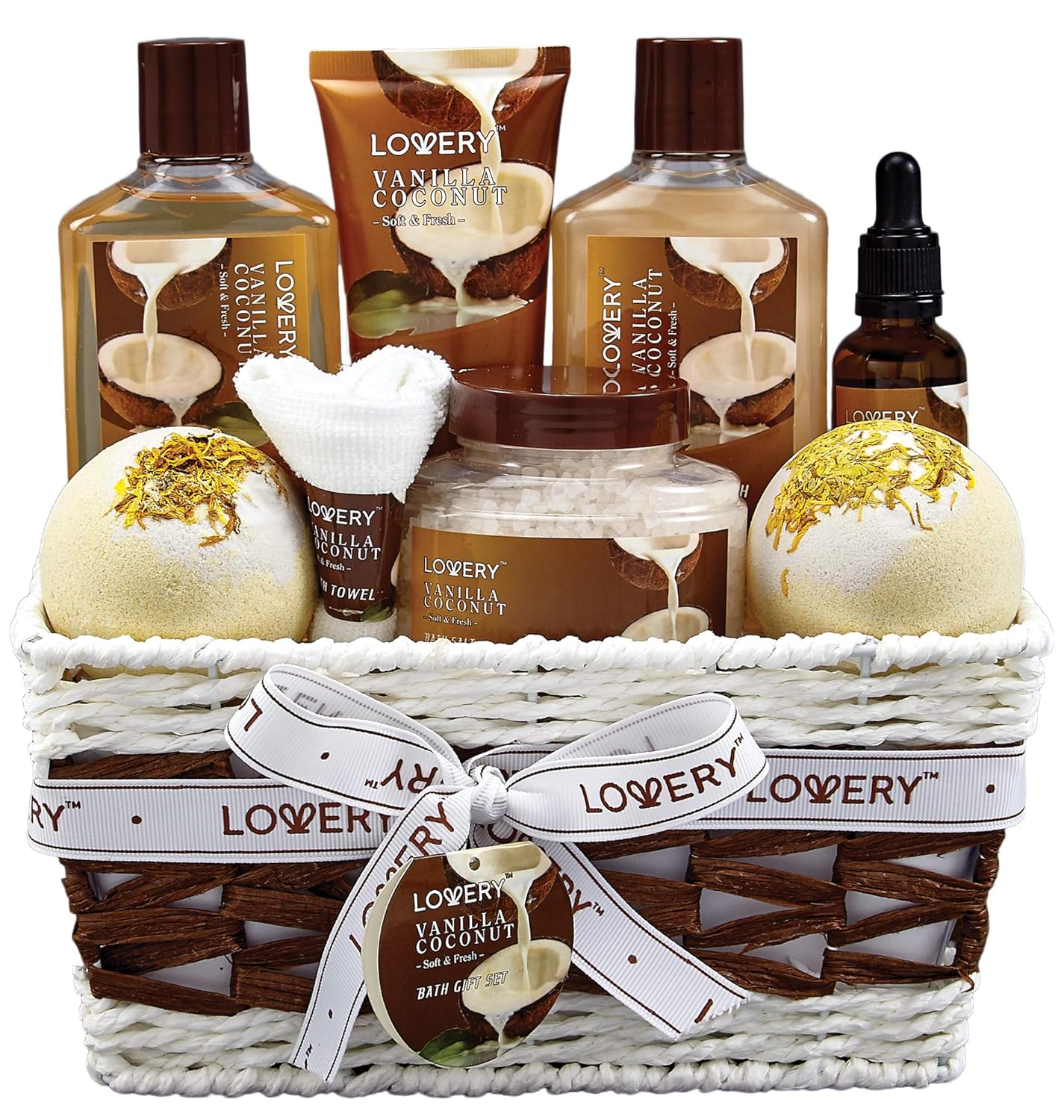 Bath and Body Gift Basket For Women and Men – 9 Piece Set of Vanilla Coconut Home Spa Set, Includes Fragrant Lotions, Extra Large Bath Bombs, Coconut Oil, Luxurious Bath Towel  More