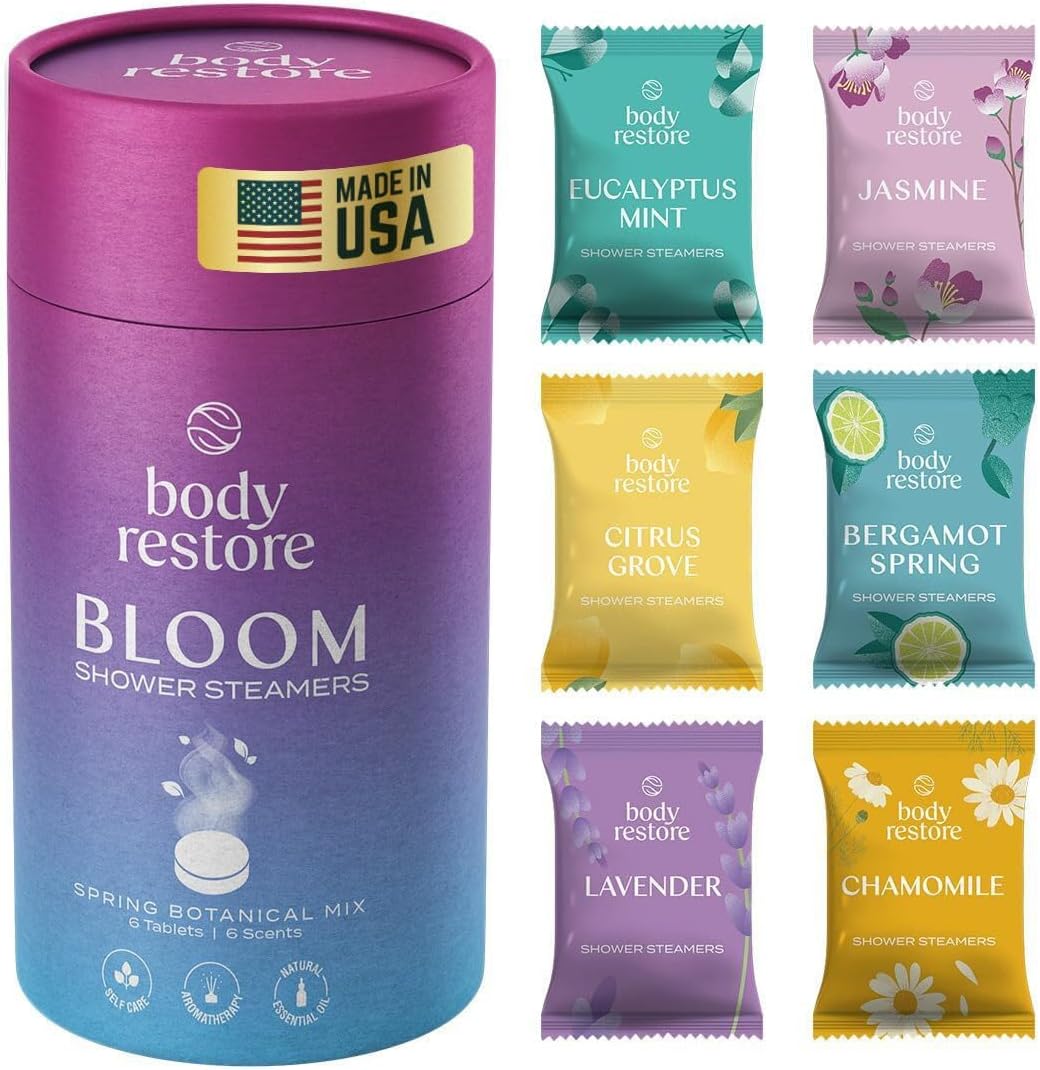 Body Restore Shower Steamers Aromatherapy 6 Pack - Christmas Gifts for Women, Stocking Stuffers, Birthday Gifts for Mom, White Elephant Gift, Travel Essentials, Bath Bombs - Bloom