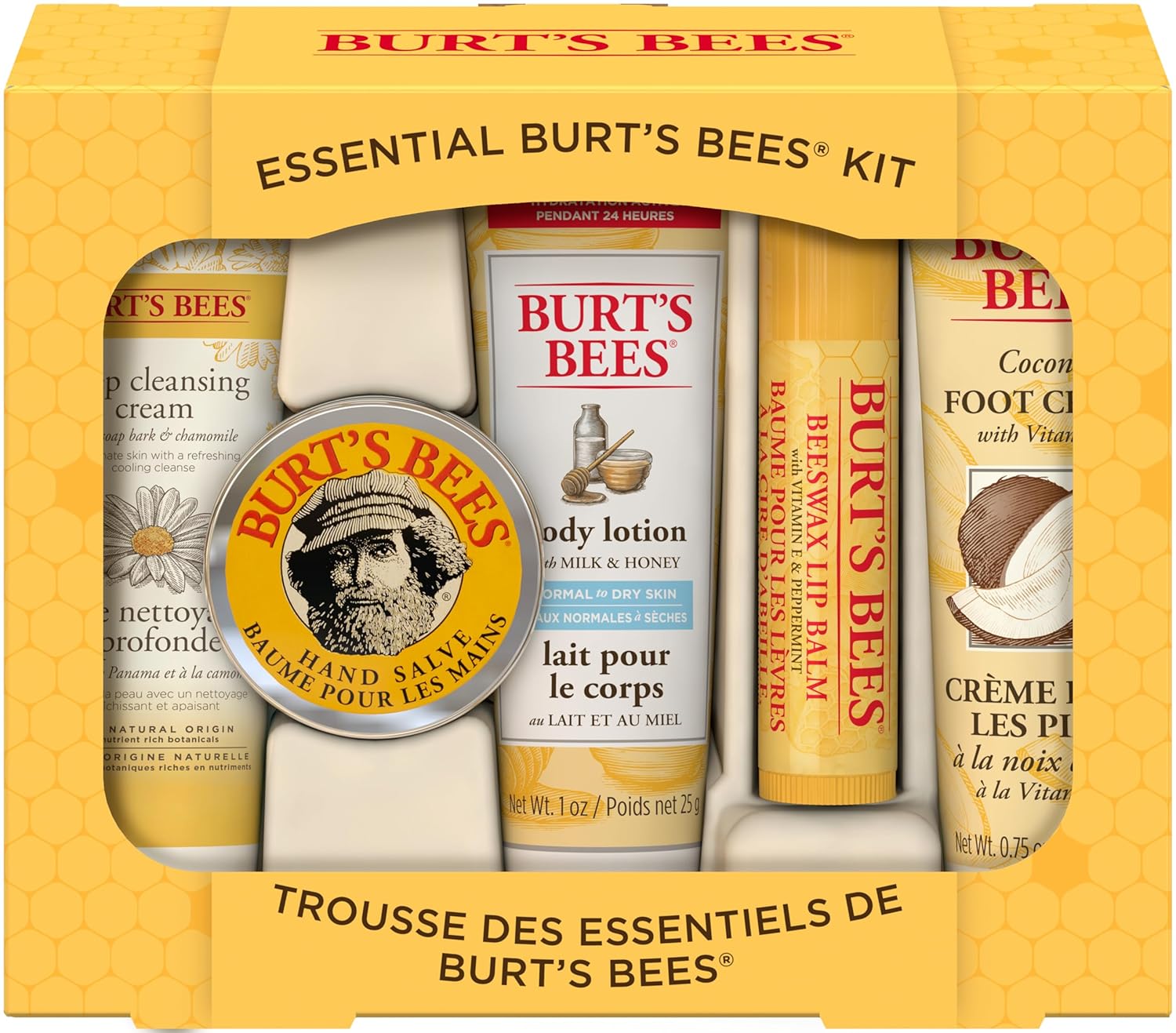 Burts Bees Christmas Gifts, 5 Stocking Stuffers Products, Everyday Essentials Set - Original Beeswax Lip Balm, Deep Cleansing Cream, Hand Salve, Body Lotion  Coconut Foot Cream, Travel Size