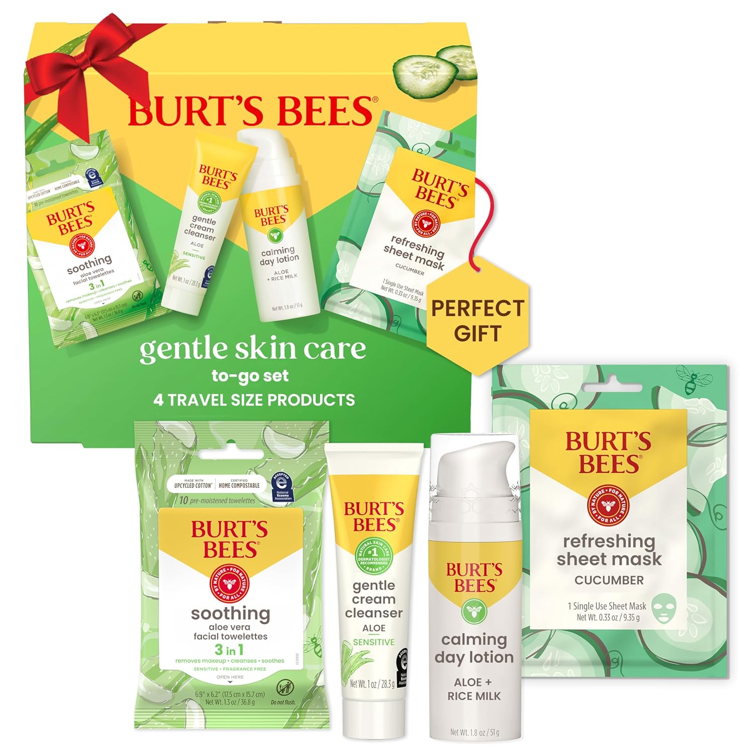 Burts Bees Christmas Gifts, Gentle Skin Care To-Go Set, Includes Cleanser, Towelettes, Lotion and Sheet Mask, Travel Size Facial Skin Care for Sensitive Skin, Natural Origin Skin Care, 1 Gift Set