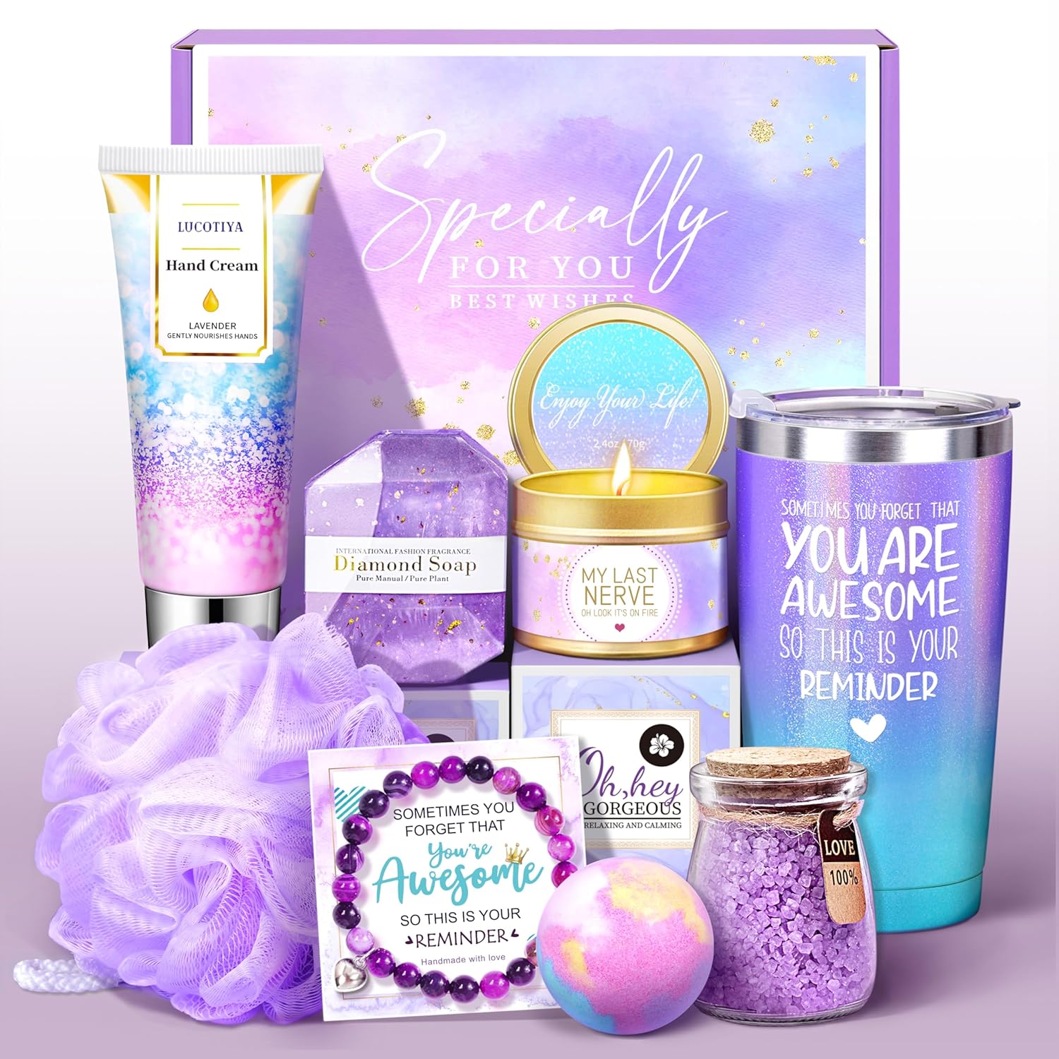 Christmas Gifts for Women, Birthday Gifts for Women, Sister, Wife, Teacher, 9pcs Lavender Care Package Gifts Set, Get Well Soon Gifts for Women, Thinking of You Gift ,Christmas Gift Sets for Her