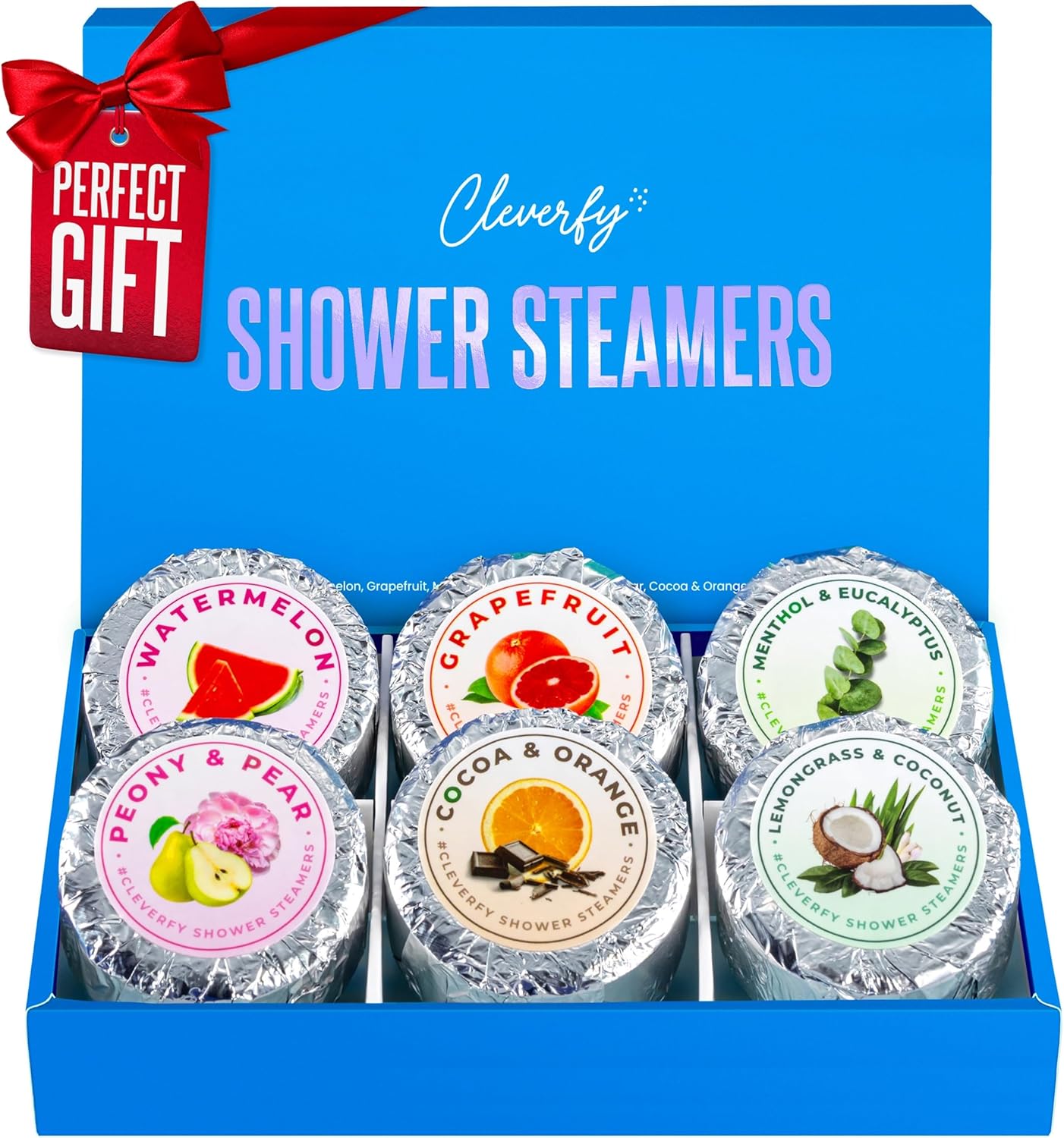 Cleverfy Shower Steamers Aromatherapy - Christmas Compact Box of 6 Premium Shower Bombs with Essential Oils. Self Care White Elephant Gifts for Adults and Secret Santa Gifts for Women.