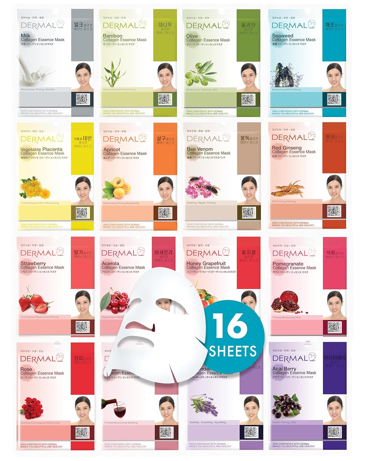 DERMAL 16 Combo Pack A Collagen Essence Korean Face Mask - Hydrating  Soothing Facial Mask with Panthenol - Hypoallergenic Self Care Sheet Mask for All Skin Types - Natural Home Spa Treatment Masks