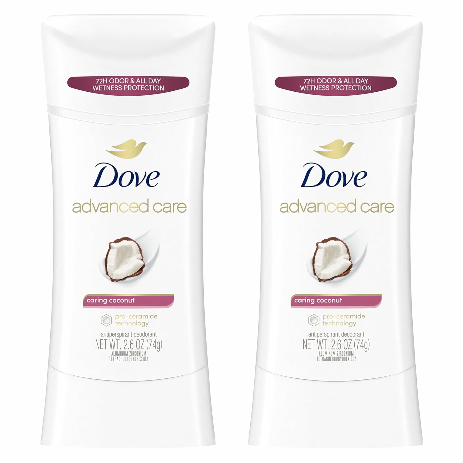 Dove Advanced Care Antiperspirant Caring Coconut, 2 Count Deodorant Stick for Women, for 48 Hour Protection And Soft And Comfortable Underarms, 2.6 oz