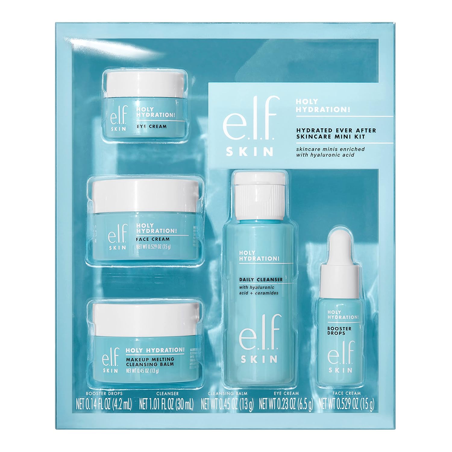 e.l.f. SKIN Hydrated Ever After Skincare Mini Kit, Cleanser, Makeup Remover, Moisturiser  Eye Cream For Hydrating Skin, Airplane-Friendly Sizes