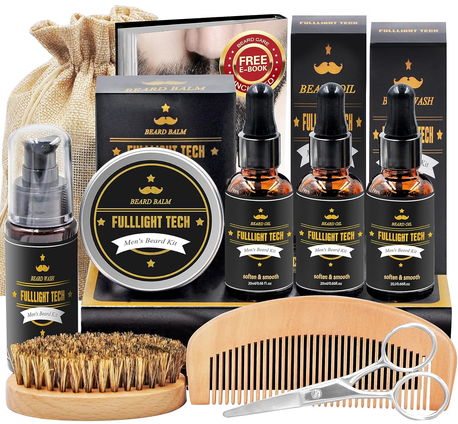 FULLLIGHT TECH Mens Beard Grooming  Care Kit - Wash, 3 Beard Oils, Balm, Comb, Brush, Scissors - Premium Gift Set