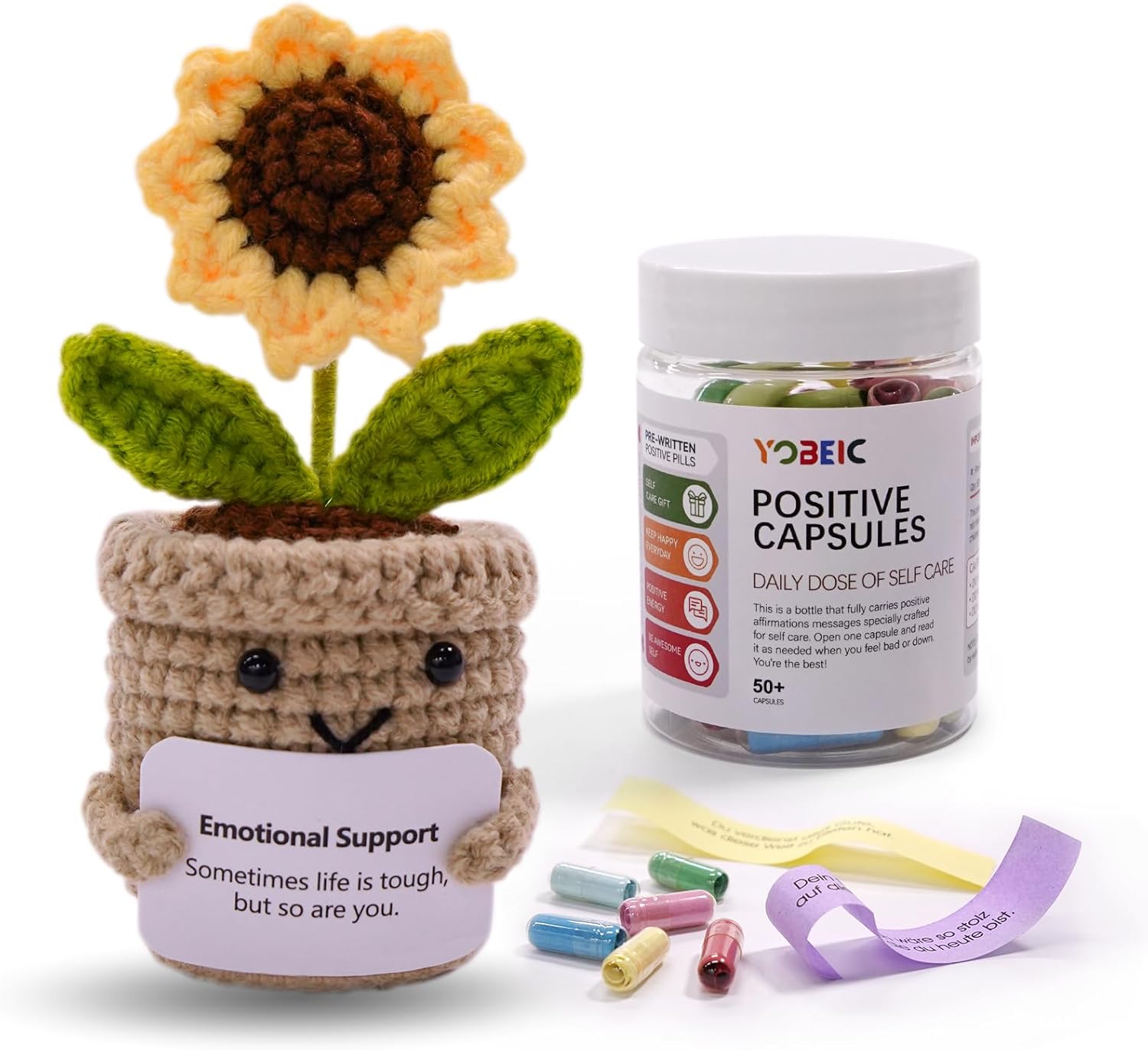 Get Well Soon Gifts - Get Well Gifts for Women Men Patients After Surgery Sick Chemo 50+ Positive Message and Handmade Knitted Crochet Sunflower Capsule Bottle with Card Emotional Support