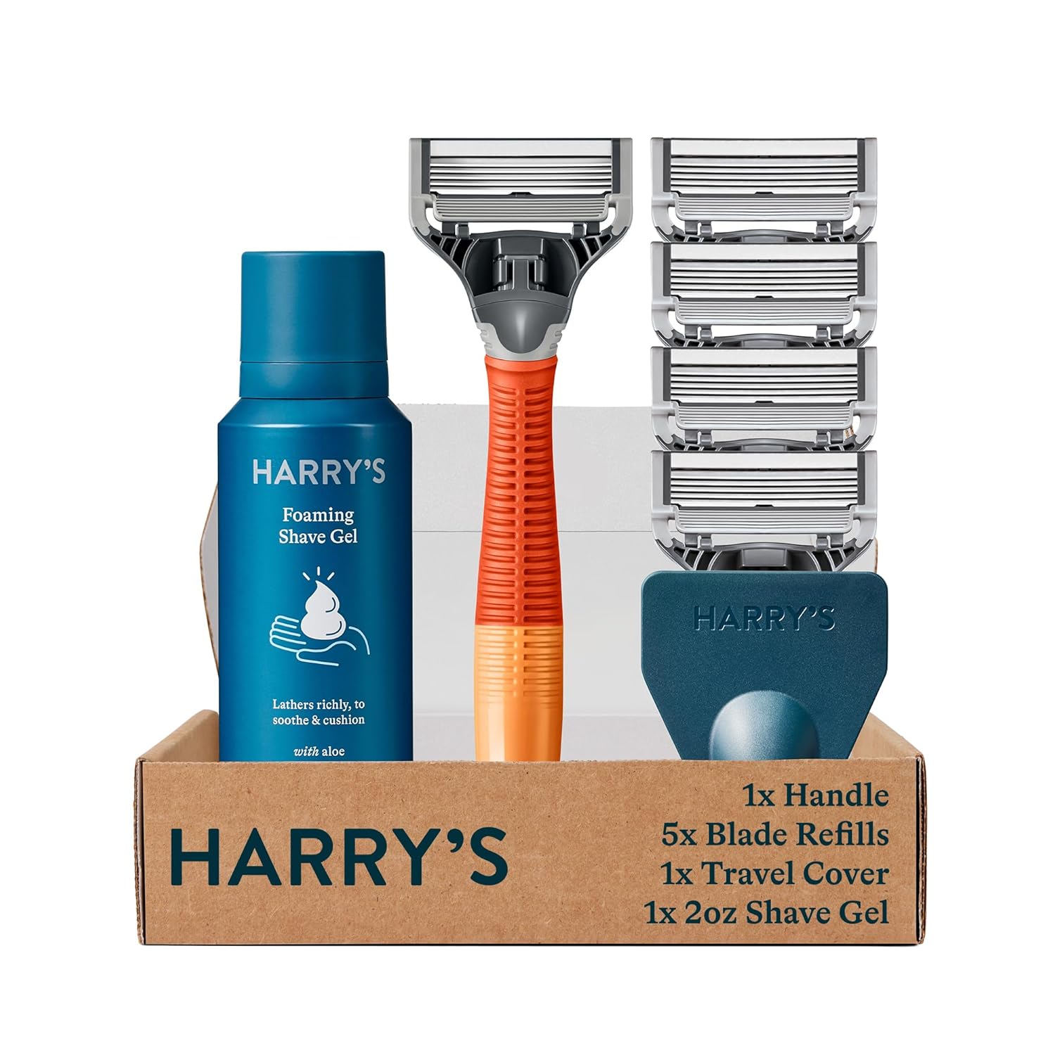 Harrys Razors for Men - Mens Razor Set with 5 Razor Blade Refills, Travel Blade Cover, 2 oz Shave Gel (Ember)