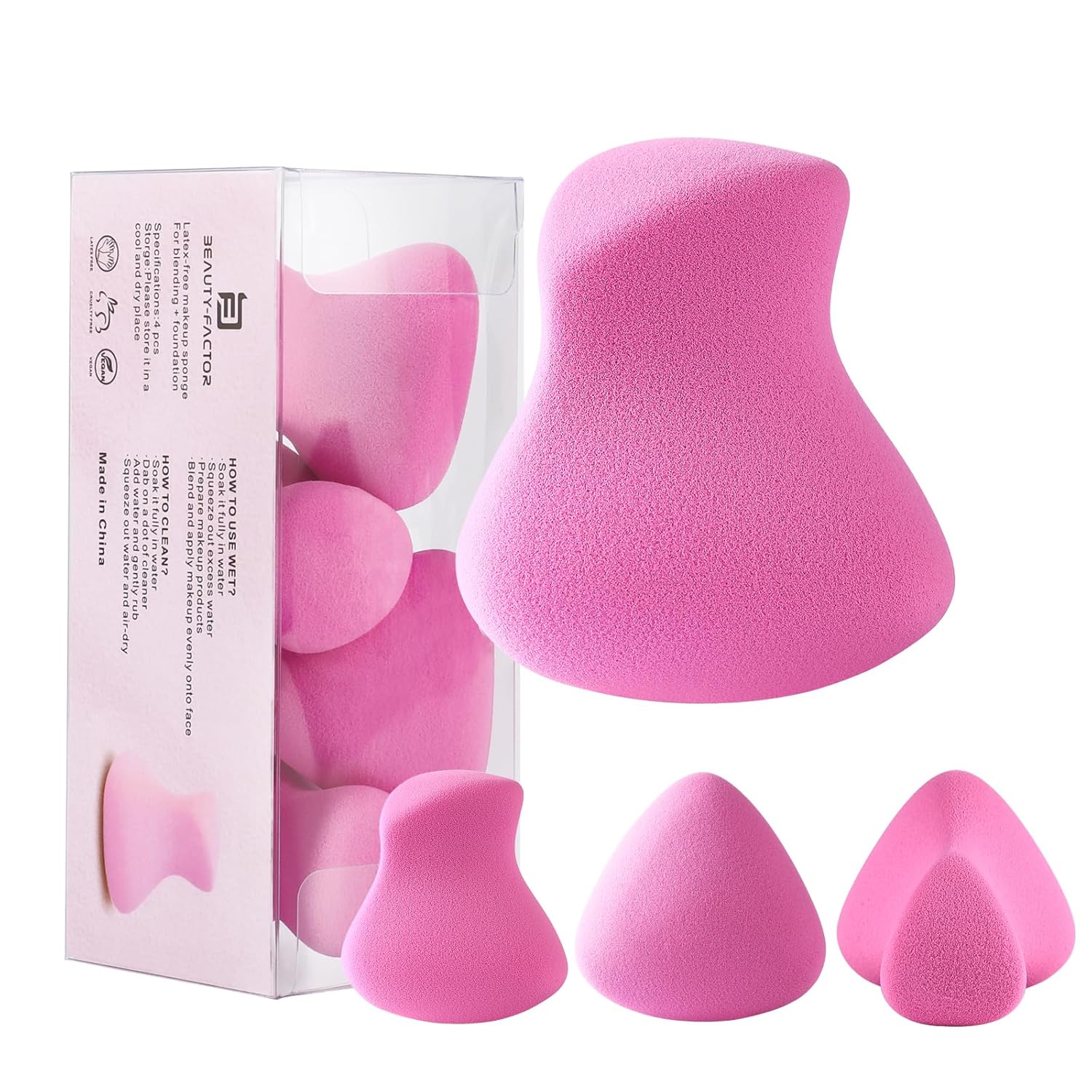 Makeup Sponge Set 4 Pack,Latex-Free Beauty Sponge Blender for Liquid Cream Cosmetic,Ergonomically-shaped Makeup Sponges for Foundation (Pink)