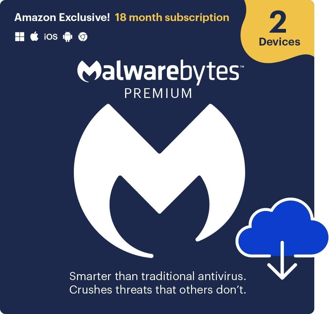 Malwarebytes | Amazon Exclusive | 18 Months, 2 Devices | Windows, Mac OS, Android, Apple iOS, Chrome [Online Code]