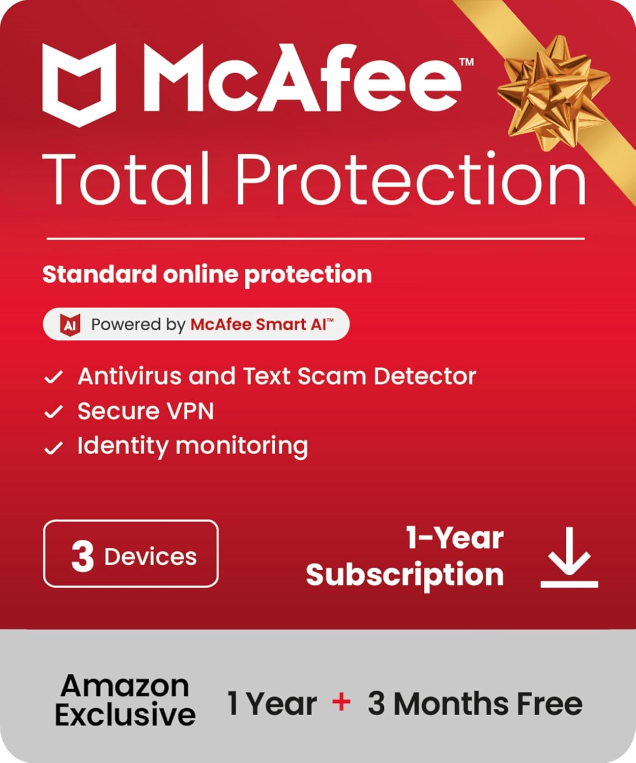 McAfee Total Protection 3-Device 2025 Ready |15 Month Subscription |Security Software Includes Antivirus, Secure VPN, Password Manager, Identity Monitoring | Download