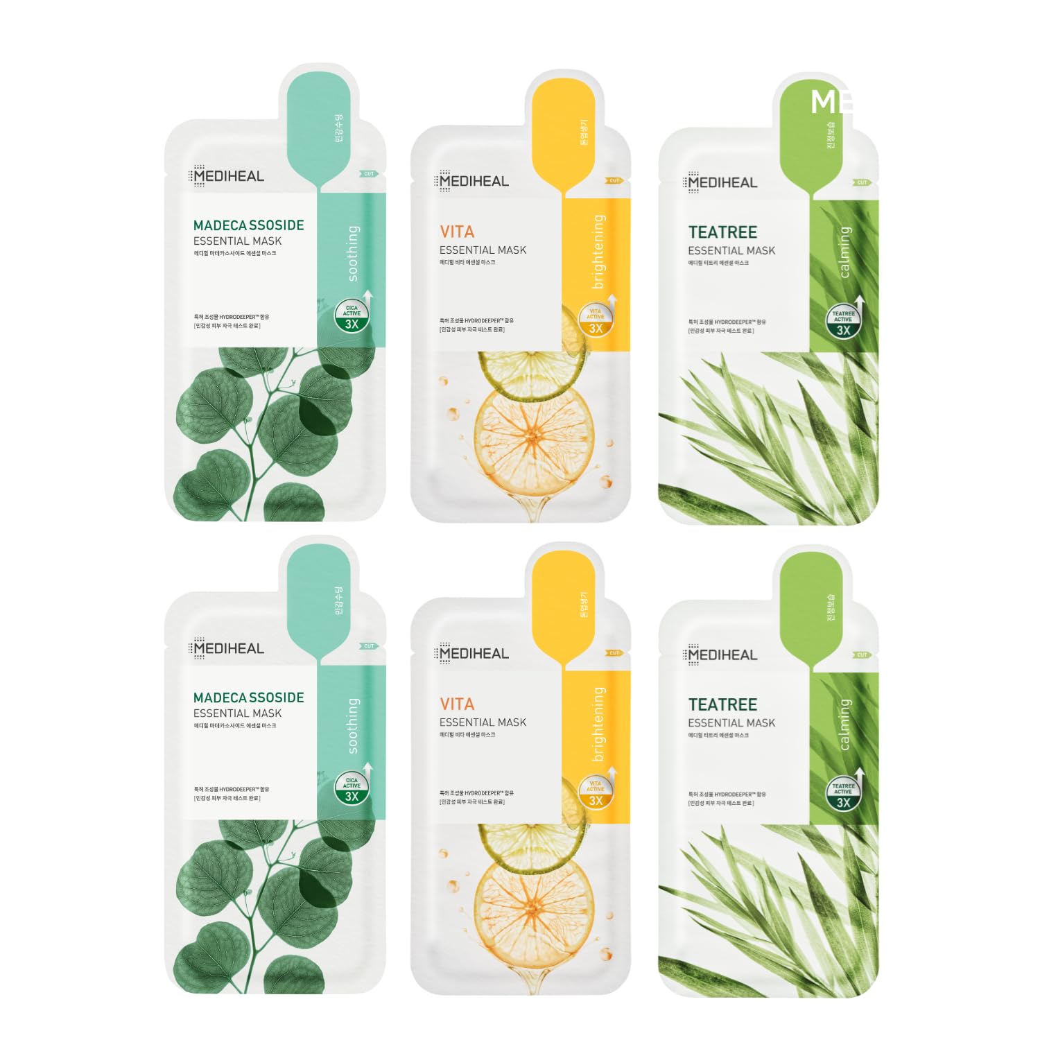 Mediheal Sheet Mask New Essential HERO 12 pack (Collagen, Tea Tree, Placenta, Madecassoside, Vita, Watermide)| Korean Skincare Facial Sheet Mask Combo, Moisturizing, Soothing and for Blemishes