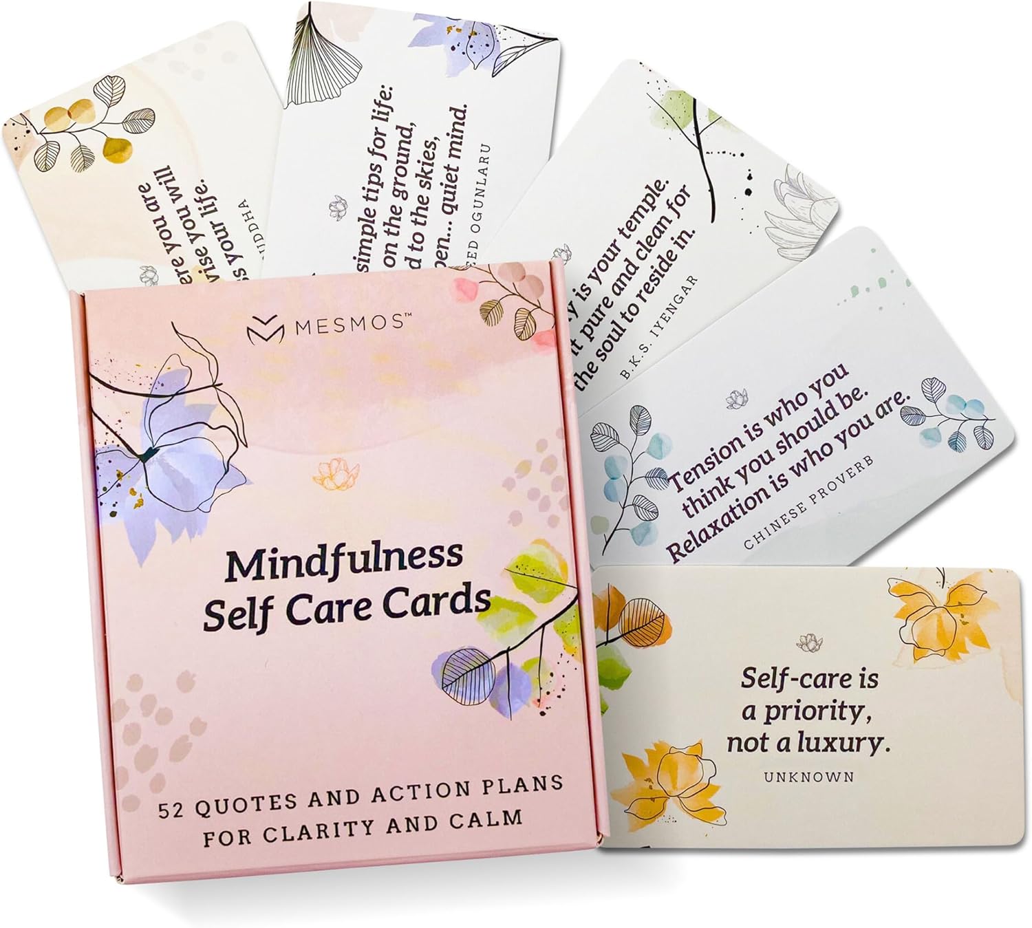 MESMOS 52 Mindfulness Cards with Action Plans. Relaxation Stress Relief Gifts for Women, Positive Affirmation Cards, Anxiety Relief Items, Meditation Self Care Kit, Relaxing Spiritual Gifts for Women