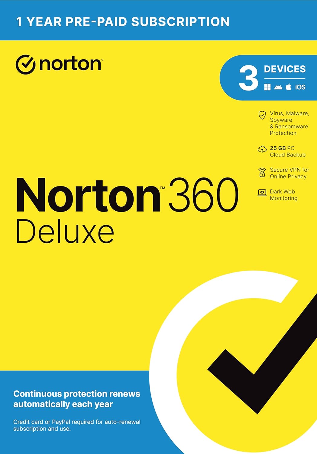 Norton 360 Deluxe 2025, Antivirus software for 3 Devices with Auto Renewal - Includes VPN, PC Cloud Backup  Dark Web Monitoring [Key Card]