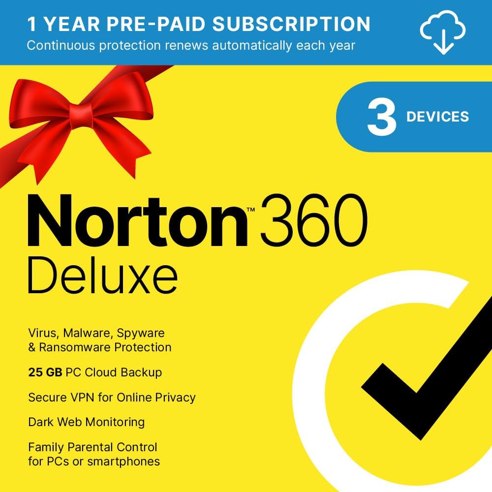 Norton 360 Deluxe 2025, Antivirus software for 3 Devices with Auto Renewal - Includes VPN, PC Cloud Backup  Dark Web Monitoring [Download]