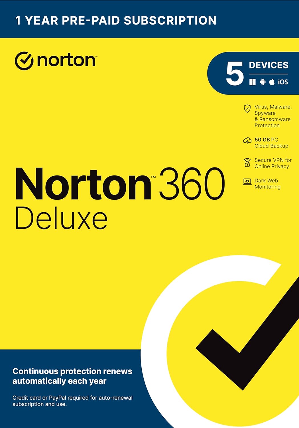 Norton 360 Deluxe 2025, Antivirus software for 5 Devices with Auto Renewal - Includes VPN, PC Cloud Backup  Dark Web Monitoring [Key Card]