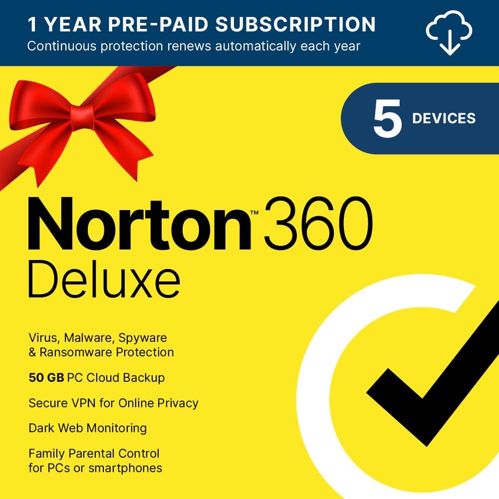 Norton 360 Deluxe 2025, Antivirus software for 5 Devices with Auto Renewal - Includes VPN, PC Cloud Backup  Dark Web Monitoring [Download]