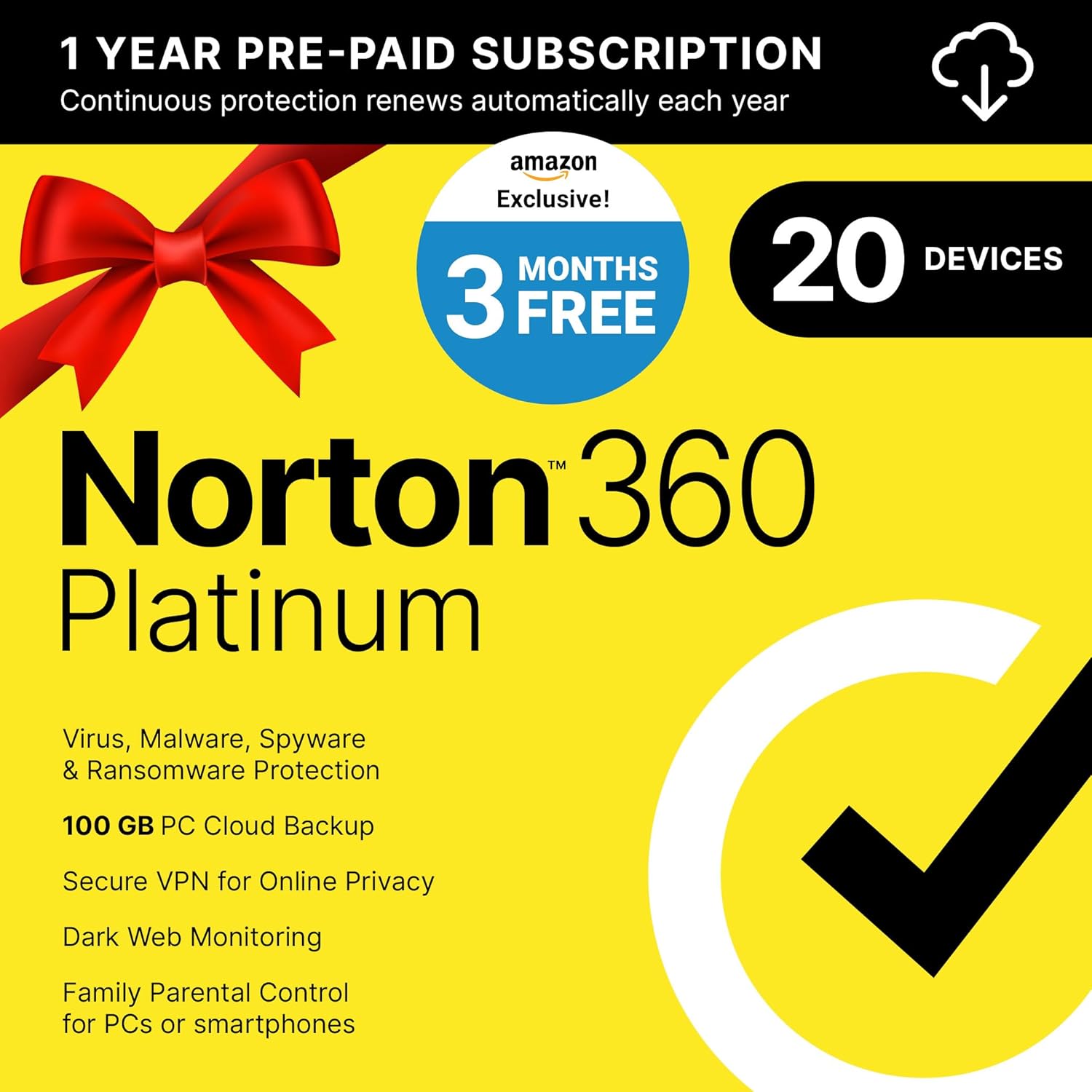 Norton 360 Platinum 2025, Antivirus software for 20 Devices with Auto Renewal - 3 Months FREE - Includes VPN, PC Cloud Backup  Dark Web Monitoring [Download]