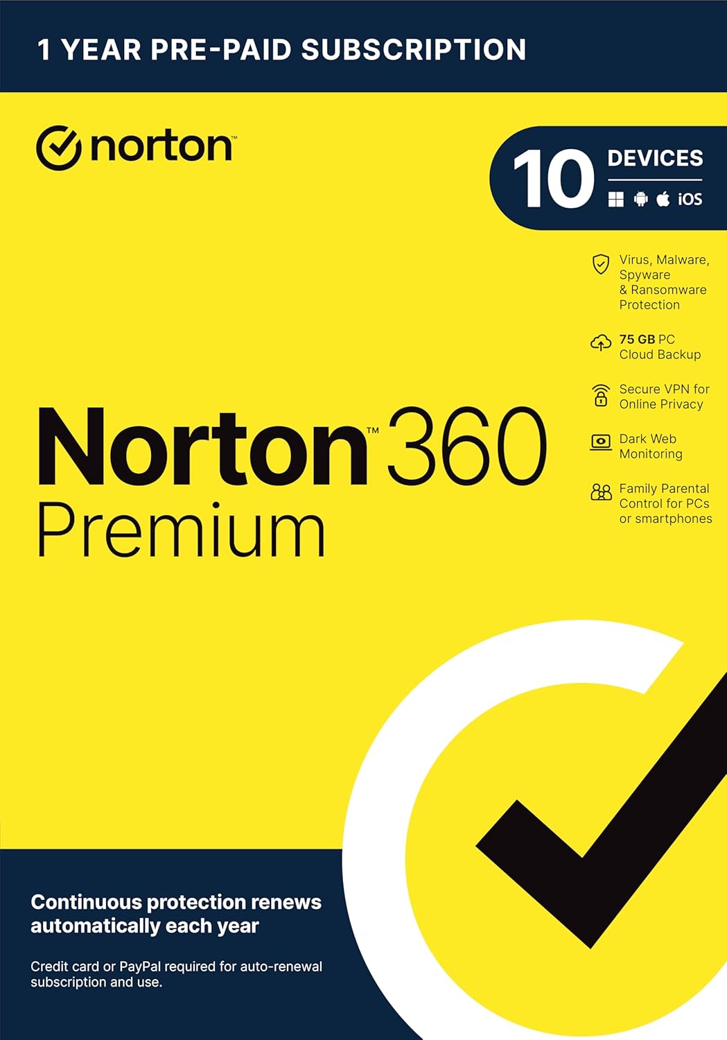 Norton 360 Premium 2025, Antivirus software for 10 Devices with Auto Renewal - Includes VPN, PC Cloud Backup  Dark Web Monitoring [Key card]