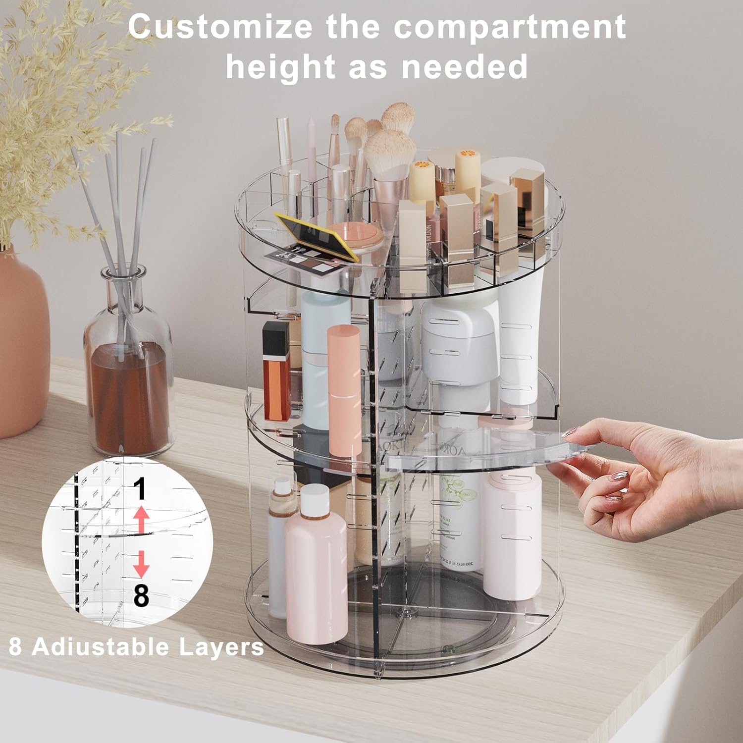 Rotating Makeup Organizer, DIY 8 Adjustable Layers Spinning Skincare Organizer, Cosmetic Display Case with Brush Holder Perfume Tray, Multi-Function Storage Carousel for Vanity Bathroom Countertop