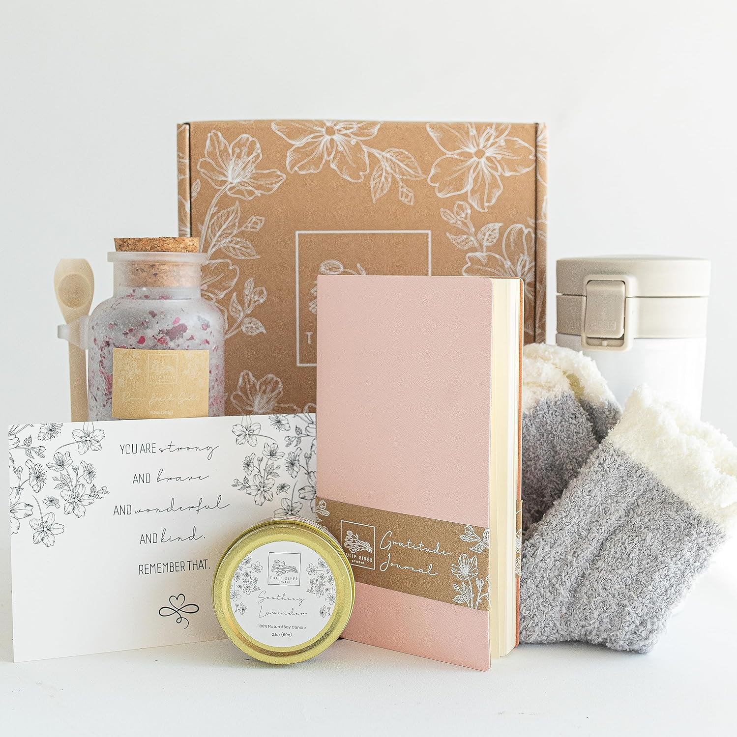 Self Care Package for Women - Gratitude Journal, Coffee Mug, Candle, Socks, Bath Salt, and Inspirational Card