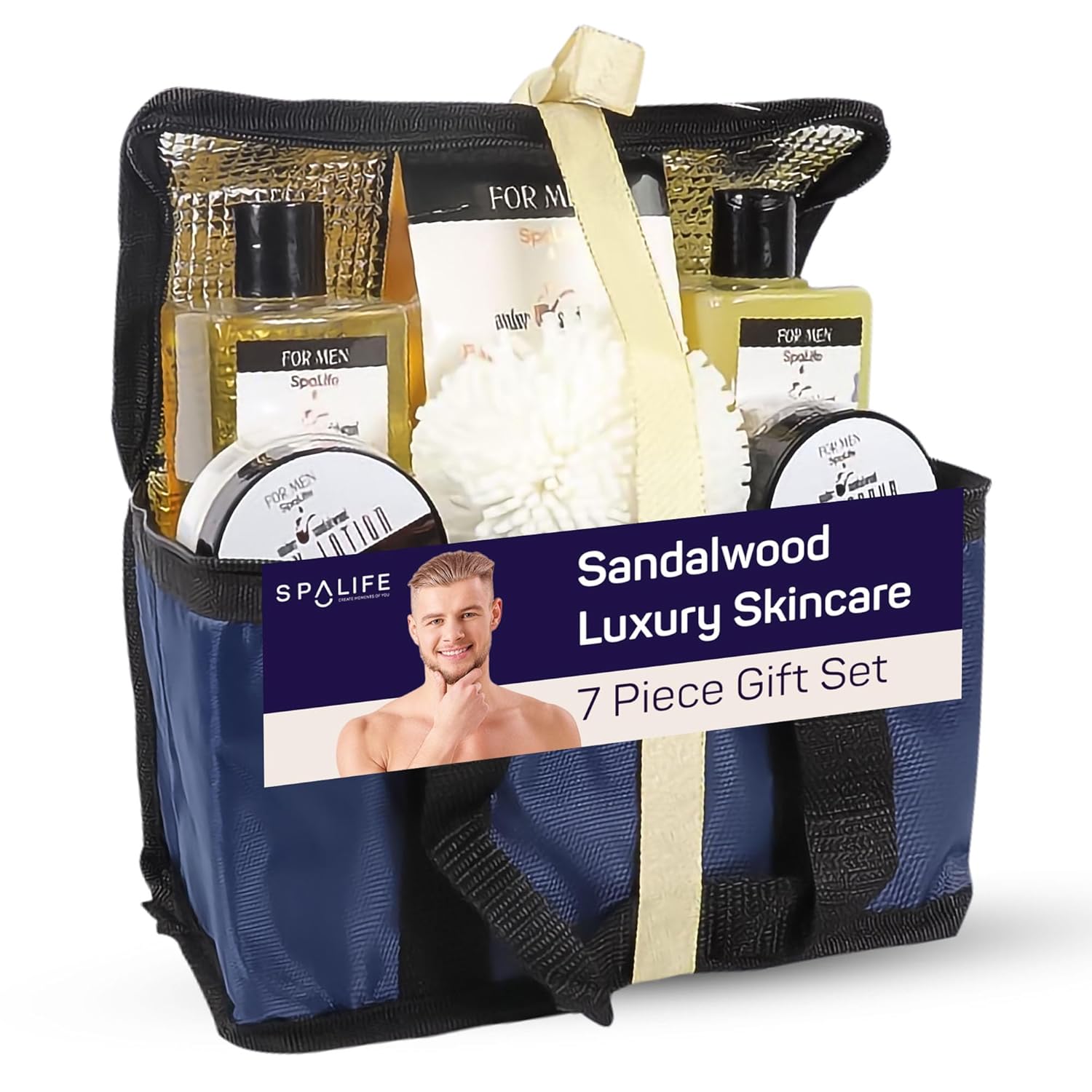 SpaLife Mens Sandalwood Luxury Spa Skincare Set - Complete Care Kit for Rugged Revitalization, Exfoliating Scrub - Bath and Body Collection for Cleansing, Moisturizing, and Rejuvenation