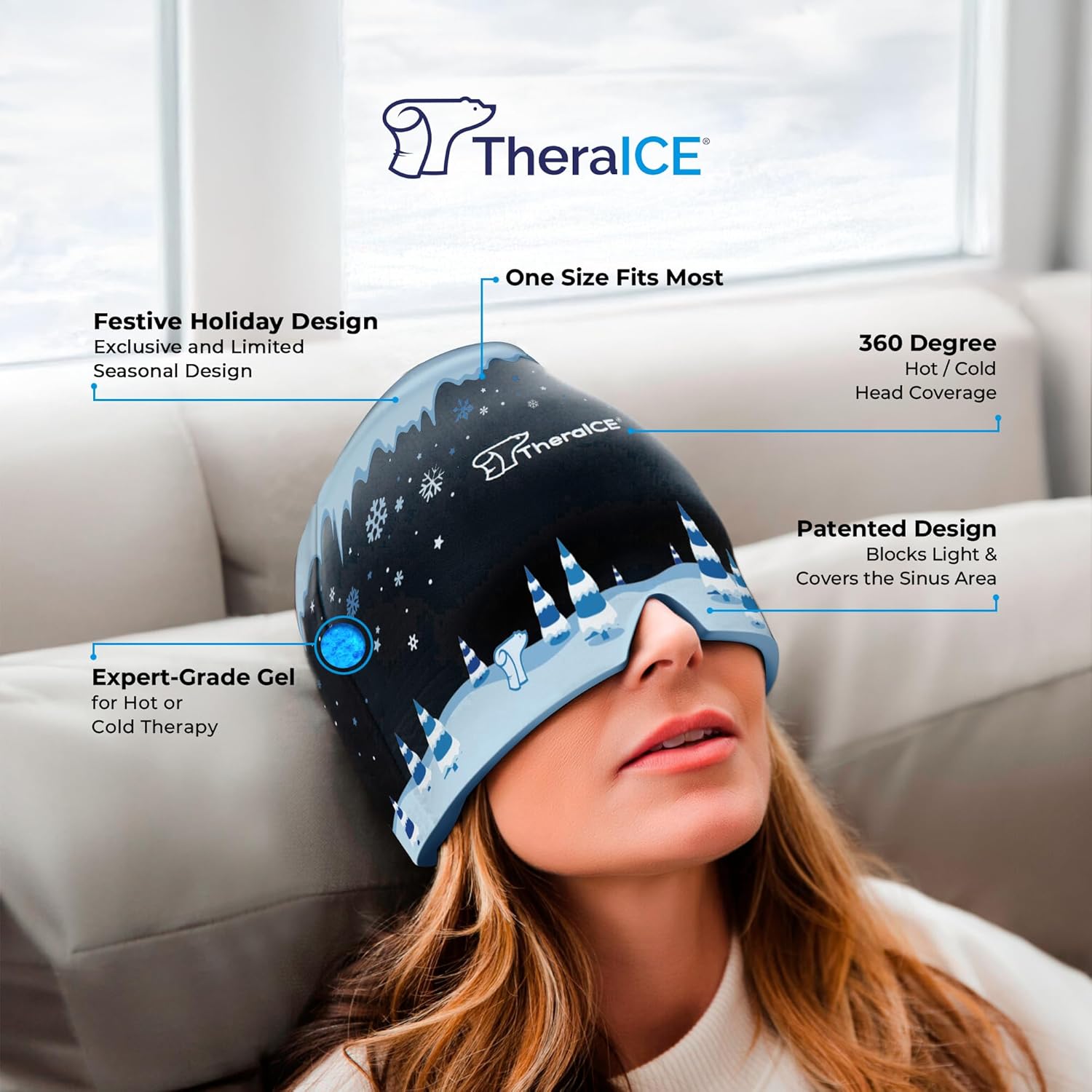 TheraICE Headache Relief Cap, Migraine Ice Pack Mask Products, Women Cooling Gel Hat, Face Cold Compress Head Wrap for Her Stress. Great Birthday Gift for Mom, Sister, Grandma, Girlfriend,  Teacher