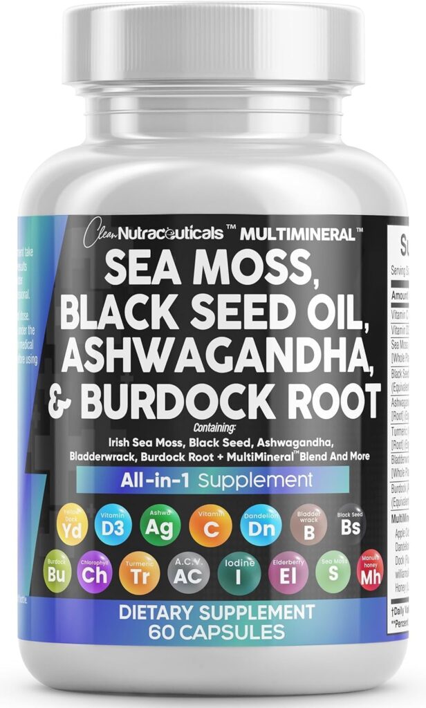 Clean Nutraceuticals Sea Moss Black Seed Oil Ashwagandha Turmeric Bladderwrack Burdock  Vitamin C Vitamin D3 with Elderberry Manuka Dandelion Yellow Dock Iodine Chlorophyll ACV